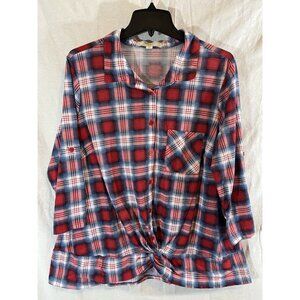No Comment Plus Women’s 2X Red Blue Plaid Button Up Front Tie Blouse